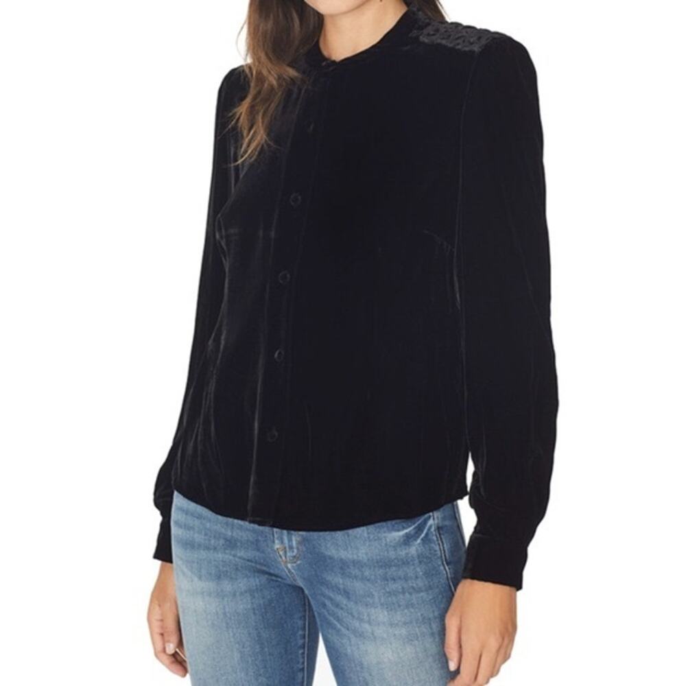 Frame Velvet Victorian Button-Up Blouse Noir Black Quilted Shoulder Size Medium